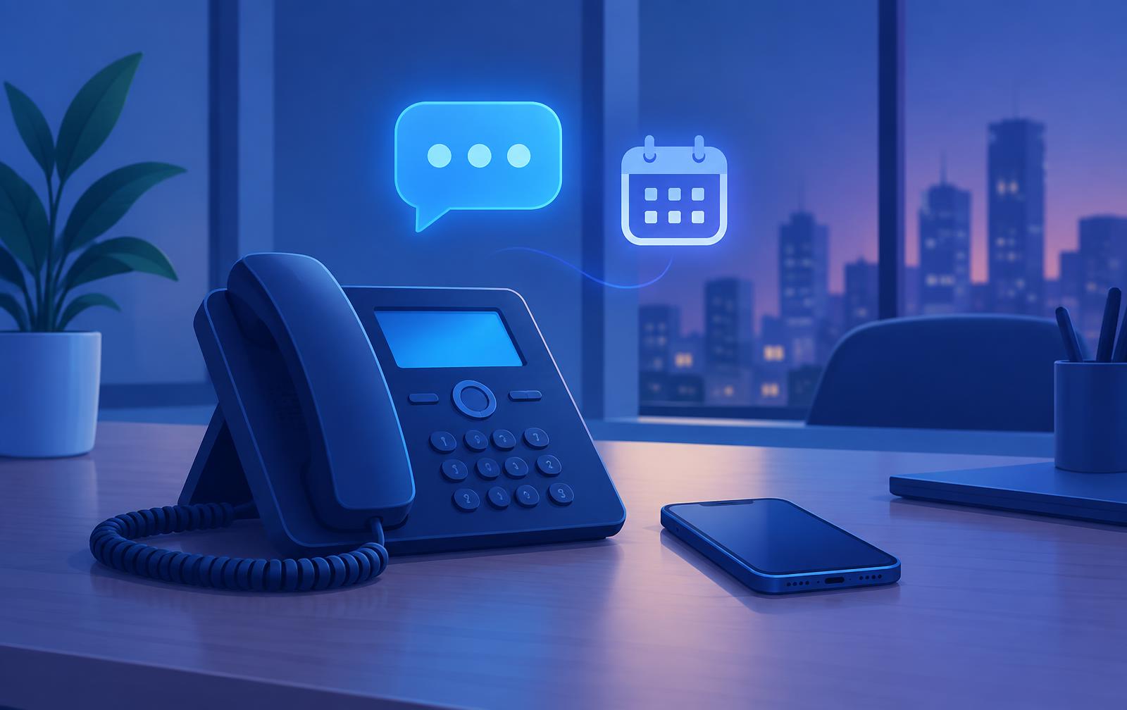 Bureautelefoon en smartphone op een bureau in de avond, met een gesprekswolkje en een agenda-icoon erboven
