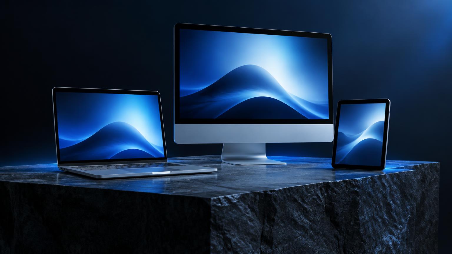 Een laptop, een all-in-one computer en een tablet op een donkere steensokkel
