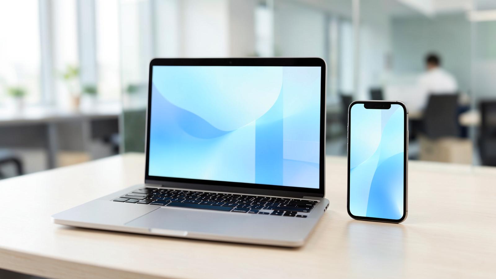 Laptop en telefoon naast elkaar op een bureau in een licht kantoor