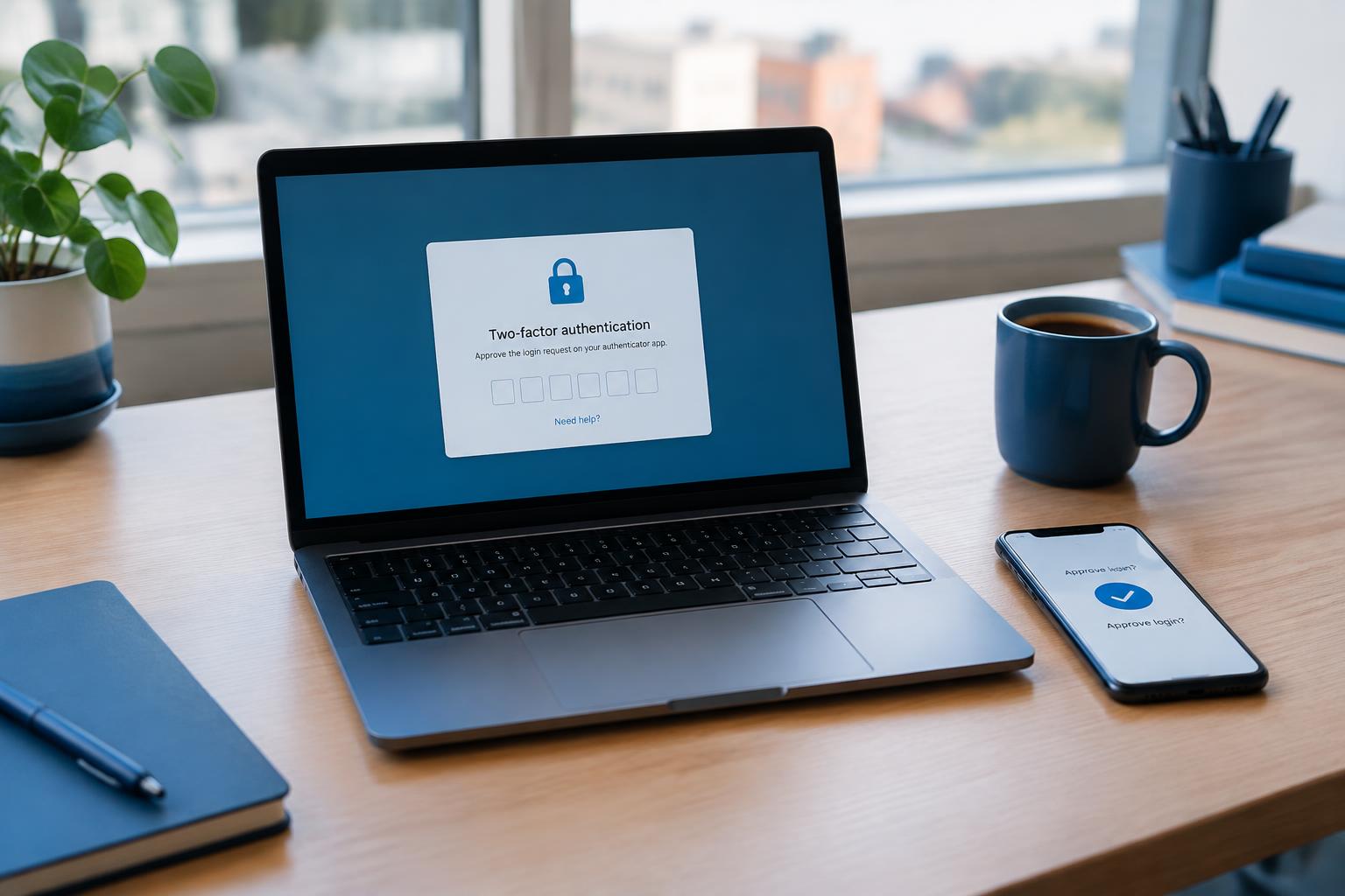 Laptop met een inlogscherm voor tweestapsverificatie en een telefoon die de inlog bevestigt