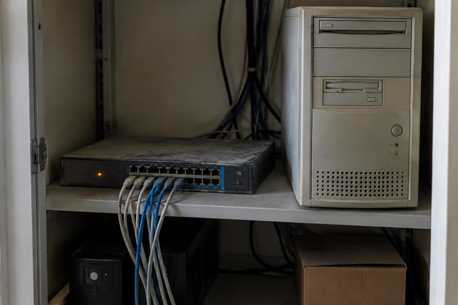 Oude netwerkswitch en computer in een kantoorkast met een oranje waarschuwingslampje