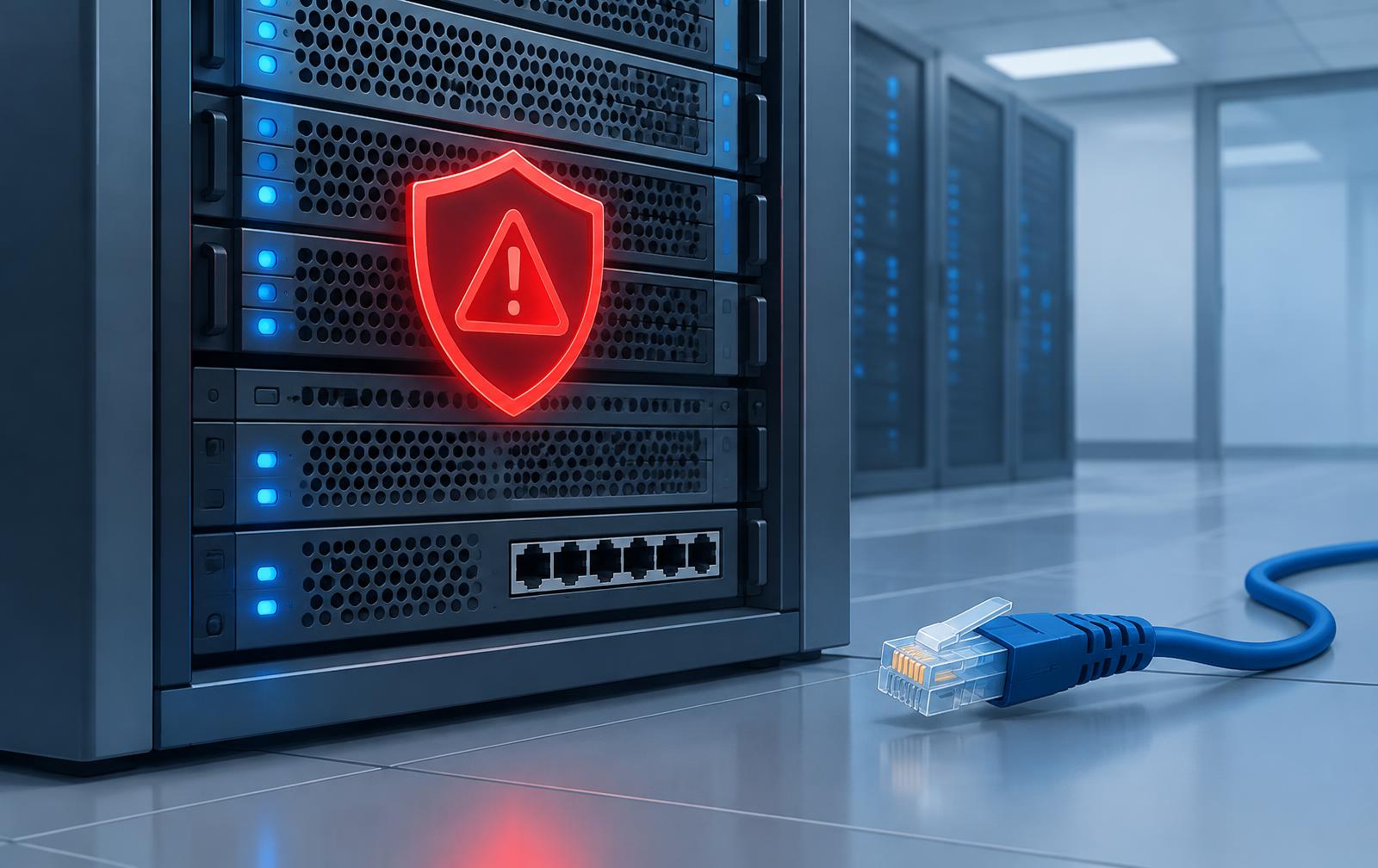 Webserver met een rood waarschuwingsschild en een losgekoppelde netwerkkabel